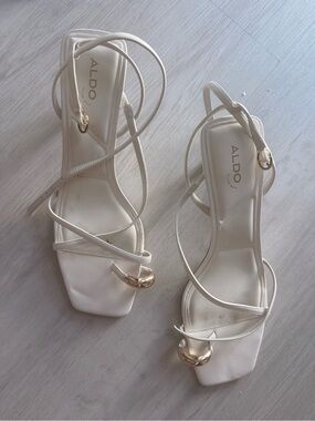 ALDO Ivory Strappy Square-Toe Heels with Gold Accent